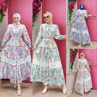 M326 # Muslim Women's Long Skirt Heavily Embroidered Lace Splicing Printed Large Hem Dress Lantern Sleeve Skirt
