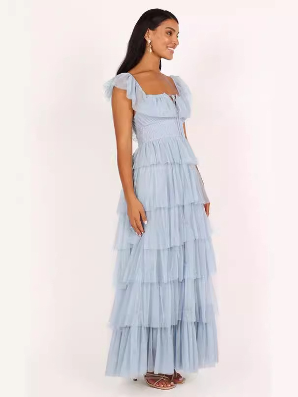 Nuevo traje europeo y americano transfronterizo de mujer TUL azul volantes fiesta vestido largo sexy