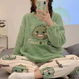 毛绒绒睡衣女春秋季长袖保暖法兰绒家居服甜美少女套装跨境热销