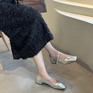 French Niche Square Toe Silver Leather Shoes Spring Low Heel Chunky Heel Shallow Mouth Mary Jane Shoes Women