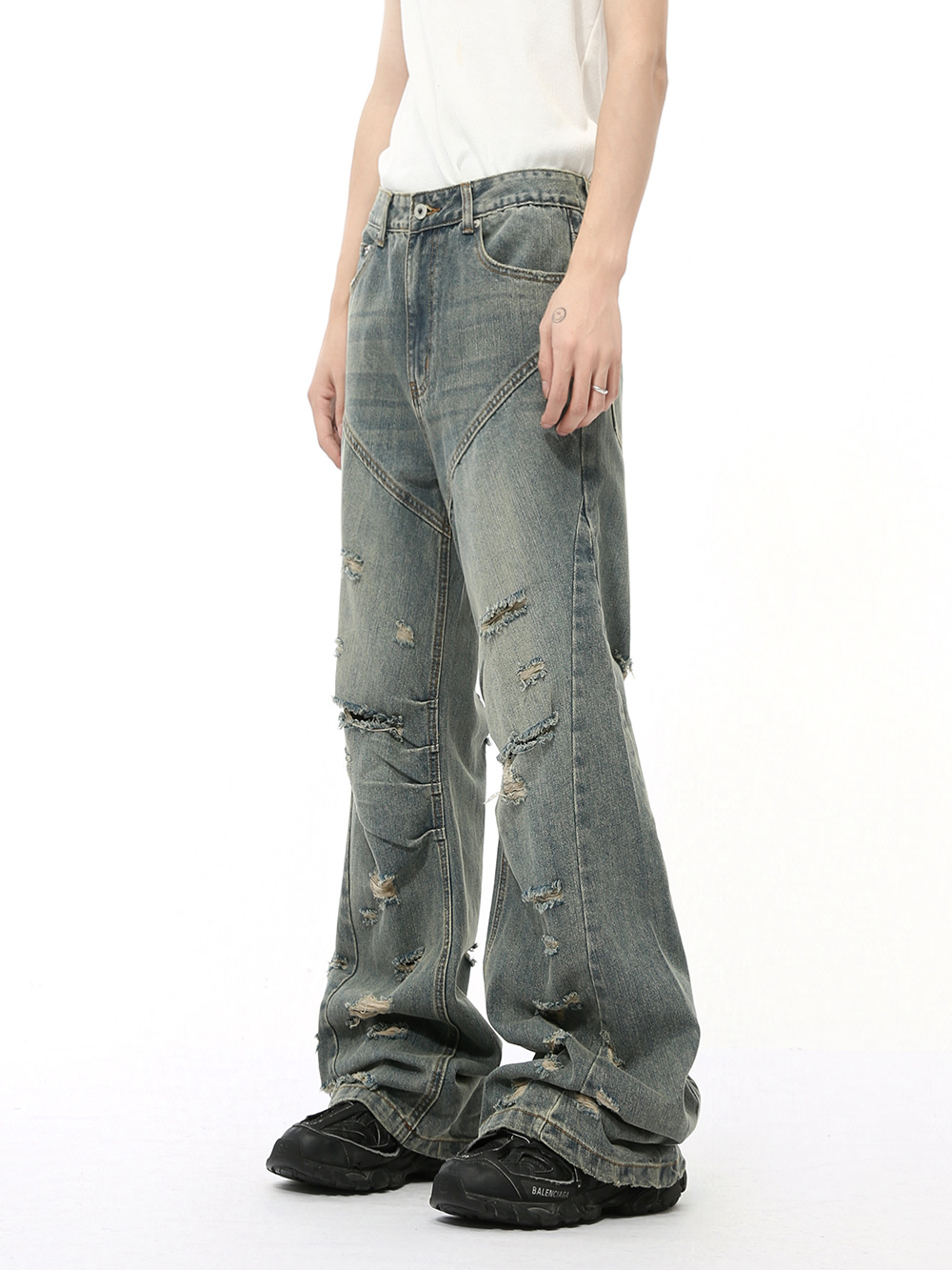 MTLCLOTHES Hombres| Otoño nuevo nicho de la calle de residuos de viento agujero diseño retro microlongo jeans