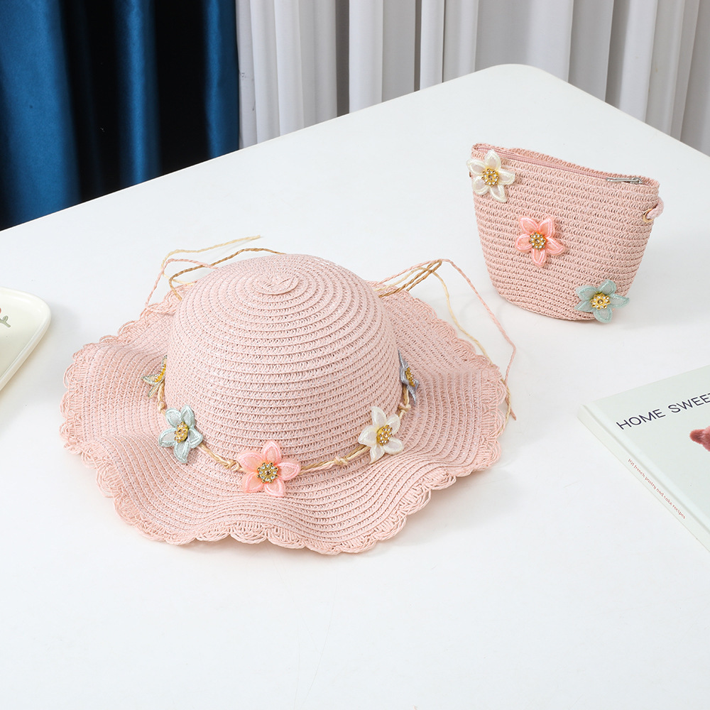 Five-pointed star decorated wavy edge straw hat - pink