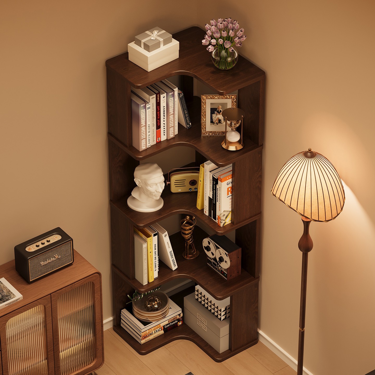 Solid Wood Corner Bookshelf Floor-Standing Storage Rack Living Room Corner Cabinet Corner Storage Grids Cabinet Simple Corner Bedside Bookcase