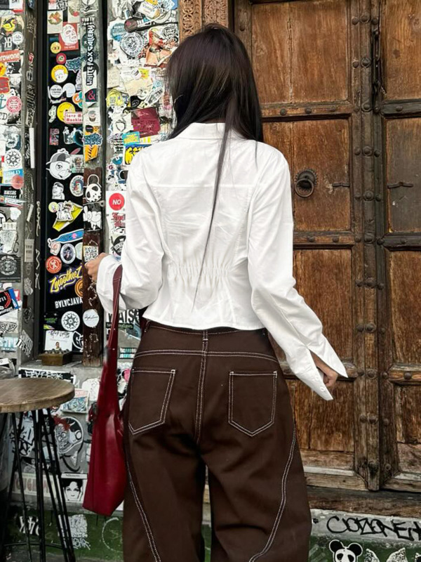 2005欧美风气质通勤职业装收腰系带衬衫辣妹街头纯色翻领长袖上衣|undefined