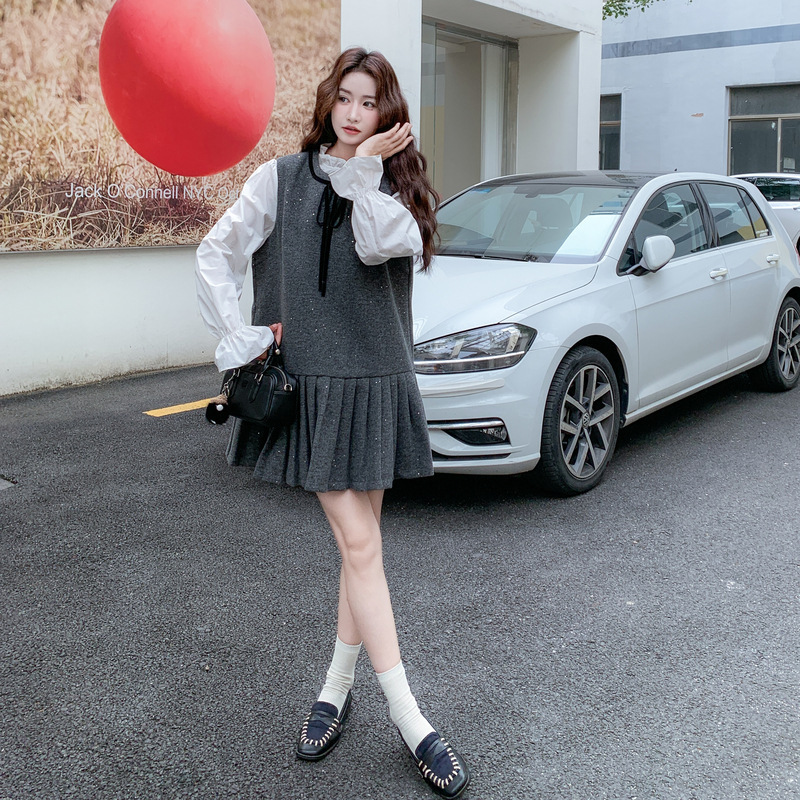 Real Shot of Gray Design Sequin Vest Dress Suit for Women Spring & Fall Petite Shirt Pleated Skirt Two-Piece Set