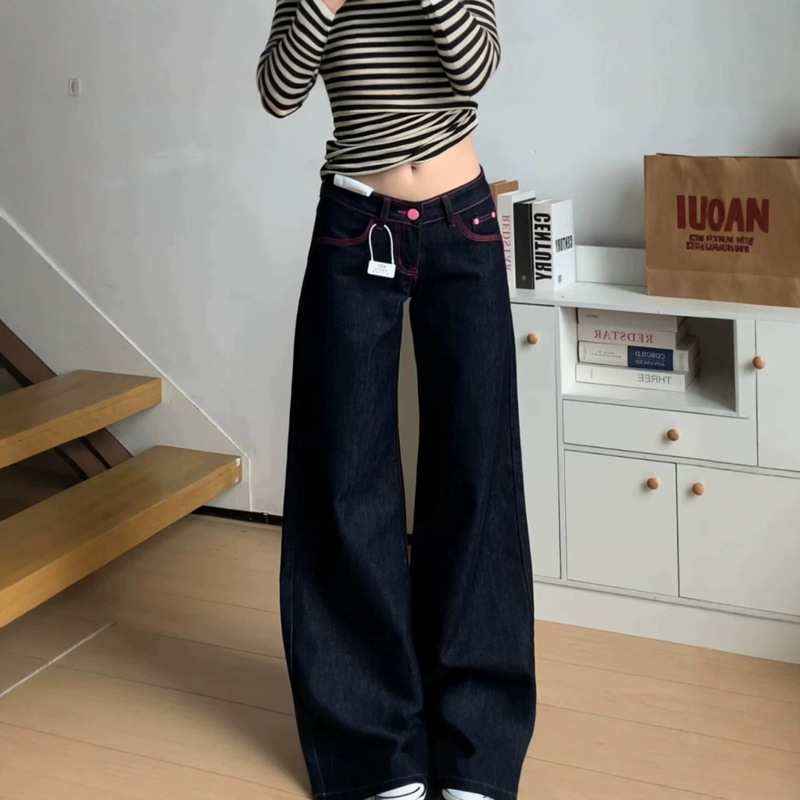 Low-Waisted Deep Indigo Denim Wide-Leg Pants for Women with Pink Thread Color-Blocking Design, Flattering for Petite Figures, Y2K Style, Floor-Length Pants