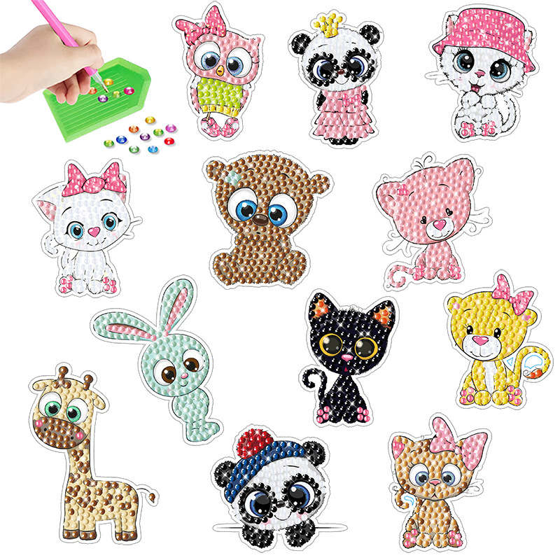 Dicha dibujos animados transfronterizos pegatinas de animales hechas a mano DIY dibujos de diamantes pegatinas de pared aleatorias pegatinas de niños decoración de diamantes redondos al por mayor