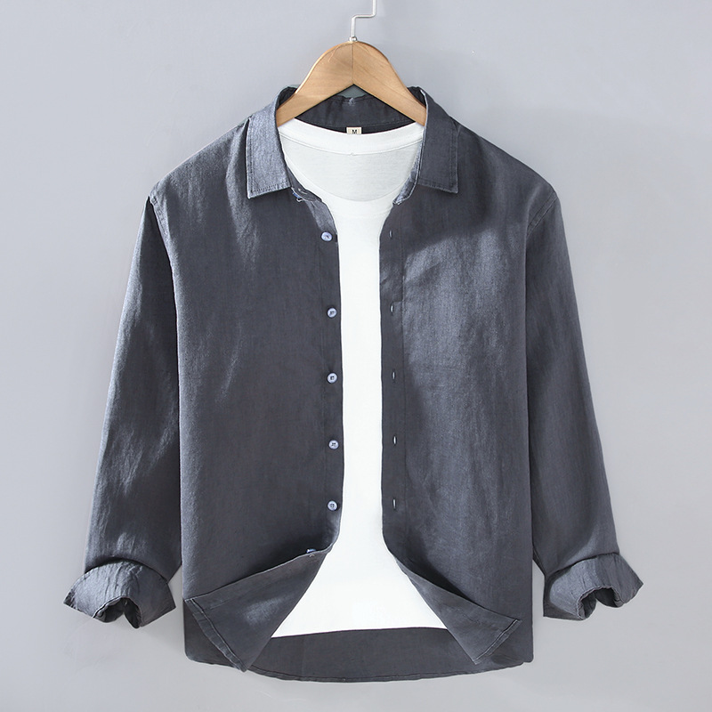 Chemise en pur lin haut de gamme pour hommes, chemise à revers décontractée, surdimensionnée, ample et polyvalente, vêtements tendance, printemps et été_voghion.com