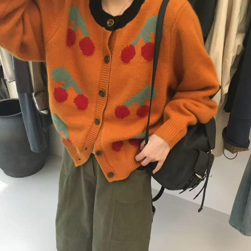 韩系穿搭蓝色提花针织衫上衣秋冬季设计感樱桃撞色毛衣开衫外套女|undefined