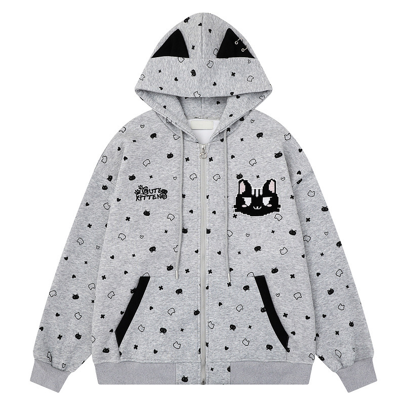 Qilin Men's Clothing Cute Cat Embroidery Cardigan for Women 2026 Loose Korean Style Lazy Chic Cat Ear Sweatshirt