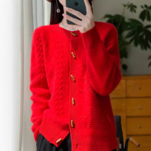 欧货复古牛角扣羊绒开衫女短款加厚显瘦羊毛衫正品纯羊毛针织外套