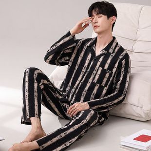 Men's Spring and Autumn Long-Sleeved Trousers Pajamas Set Early Autumn Men's Loose Large Size Comfortable Outer Wear Home Clothes