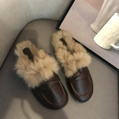 白色毛毛女外穿包頭半拖鞋網紅2023年新款冬季可愛兔皮毛一體平底