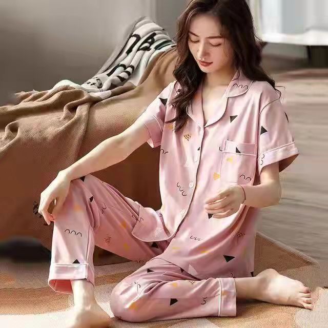 Pijamas pantalones de manga corta de algodón de verano de las mujeres traje de ropa para el hogar primavera y otoño Chaqueta de punto de las mujeres de la solapa delgada se puede usar fuera