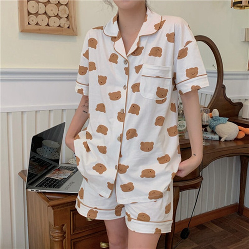 Cute Cartoon Bear Pajamas Women's Korean-style Loose Cardigan Short-sleeved Shorts Outfit Spring and Summer Home Clothes Two-piece Set