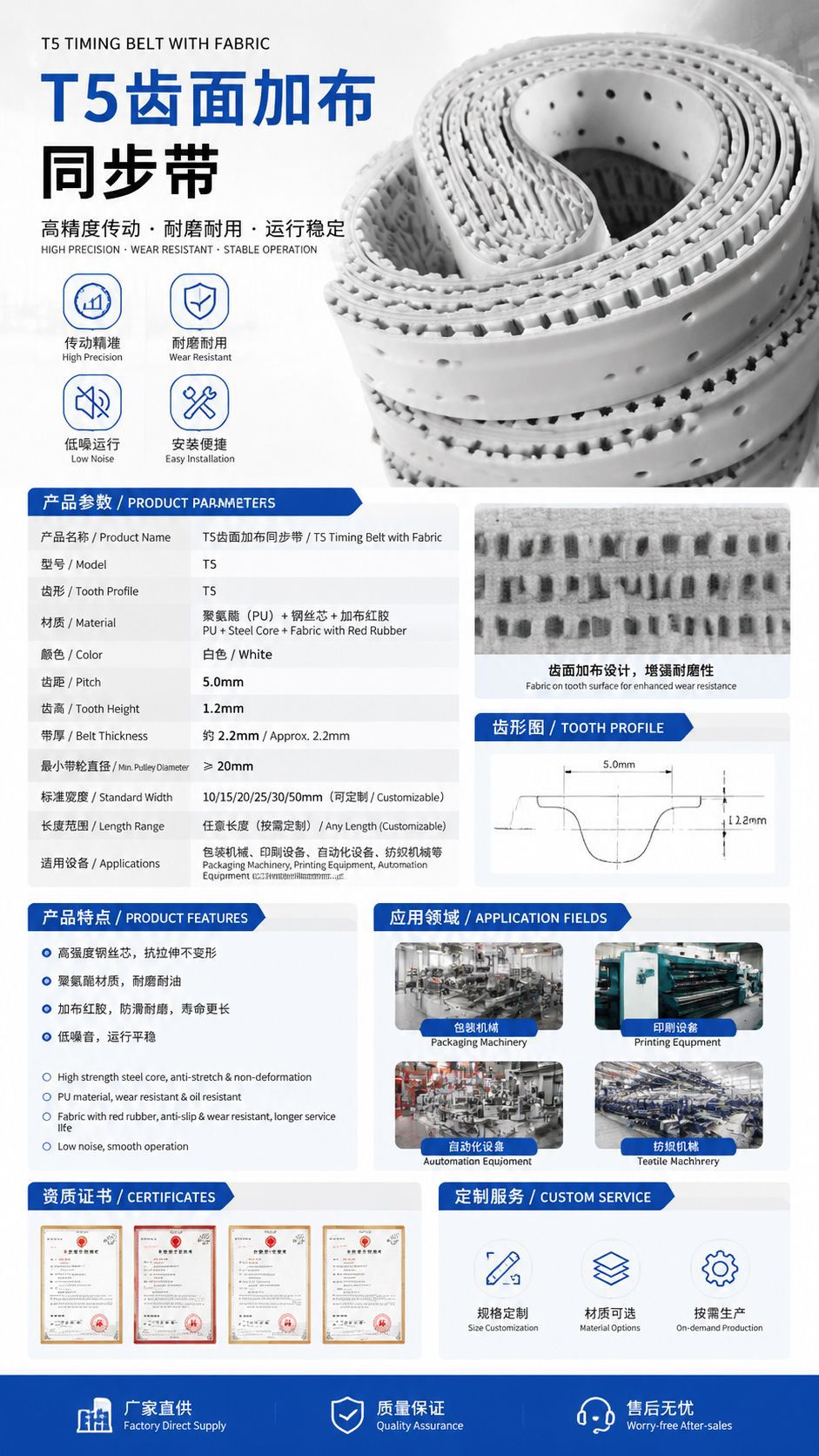 High-quality polyurethane synchronous belt, rubber transmission synchronous belt, 50ATN10, 75ATN10, T5 toothed surface with red adhesive