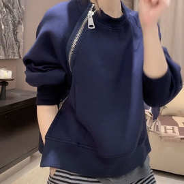 欧货秋冬女装新款设计感斜拉链时尚蓝色卫衣百搭套头小众上衣外套
