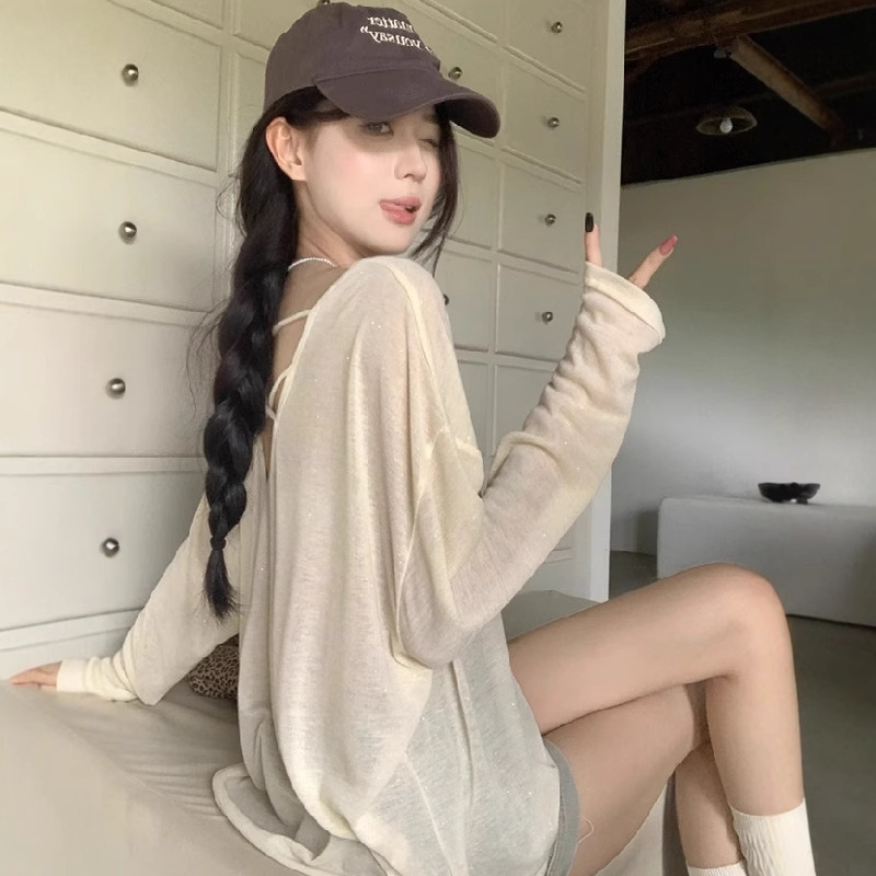 小心机后背镂空罩衫T恤女2025夏季薄款空调衫外搭慵懒风防晒上衣|undefined