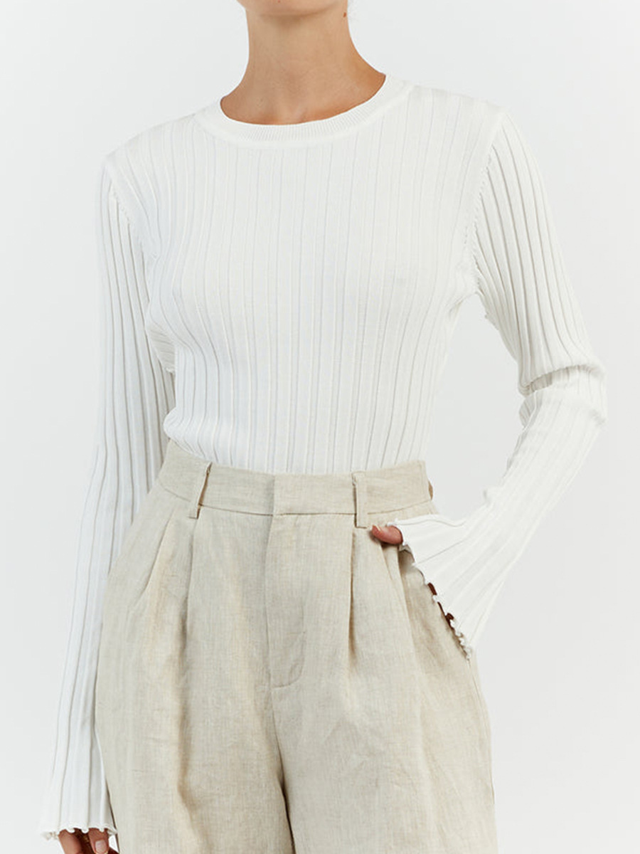 Aria Basics Herbst/Winter Europäischer und Amerikanischer Crossborder Rundhals-Strickpullover, Langärmelig, Rippstrick, Unifarben_voghion.com