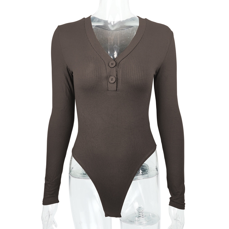 Top de Manga Larga de una Pieza, Ajustado, Sexy, con Escote en V Profundo y Botones, de Algodón Puro Acanalado, Moda Europea y Americana Otoño/Invierno 2025