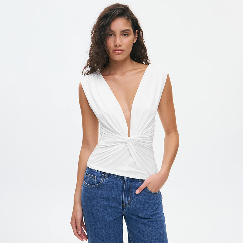 Women's V Neck Pullover Top Spring Summer Solid Color Ruched Knot Waist Cinching New Fashion_ecoleips.com