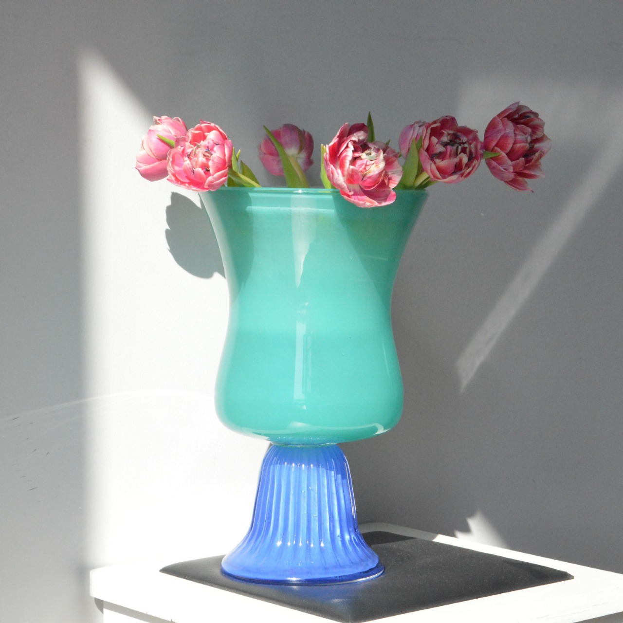 中古蒂芙尼綠配柯藍因藍鬱金香高腳風燈手工玻璃花瓶裝飾擺件花器