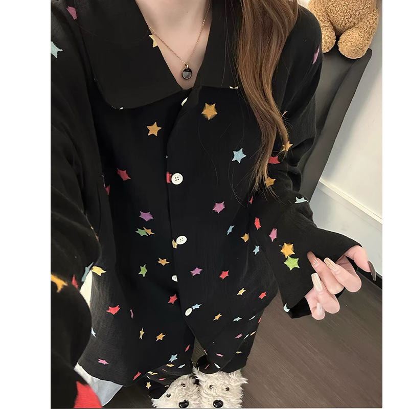Cross-border popular star and cloud cotton pajamas for women, spring and autumn long-sleeve, trendy and sweet loose-fitting home wear set Cross-border popular star and cloud cotton pajamas for women, spring and autumn long-sleeve, trendy and sweet loose-fitting home wear set