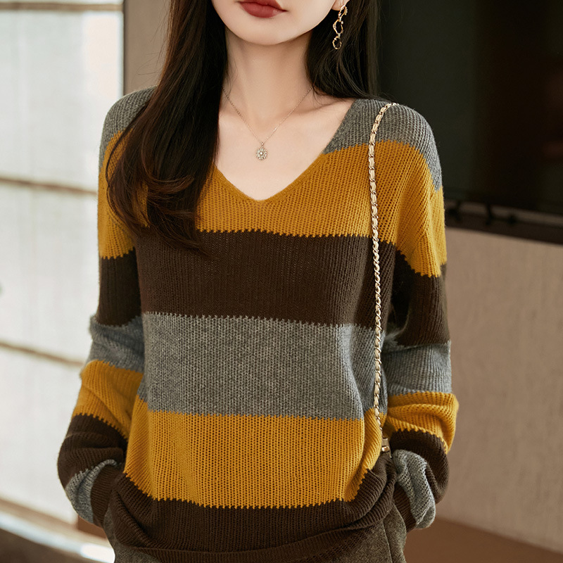 2025秋季新款女装韩系条纹女士针织衫宽显瘦软糯松弛感毛衣A7552|undefined