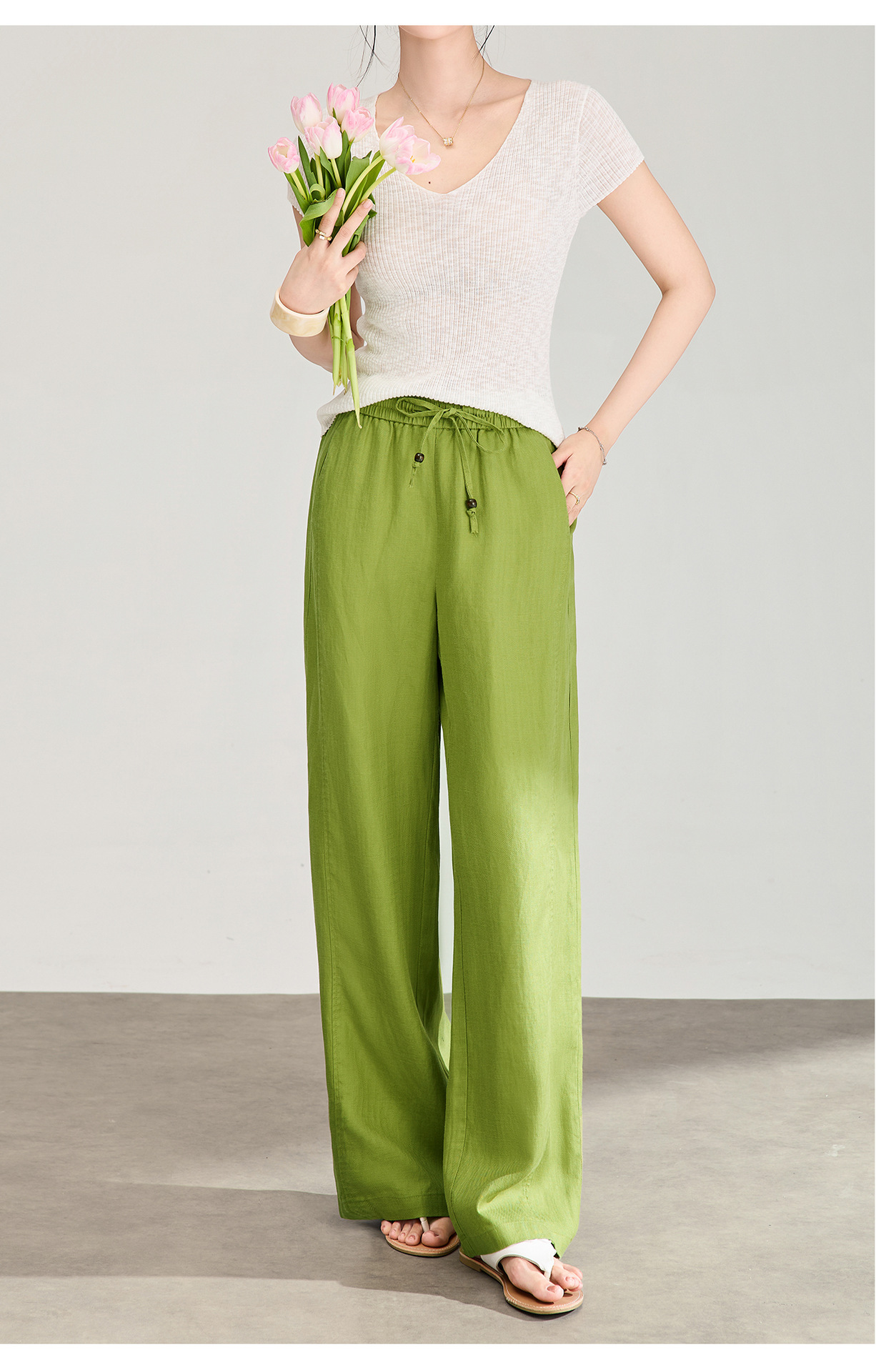 Quần culottes nữ ống rộng chất liệu linen phối lụa, cạp chun rút dây, dáng suông mềm mại — màu xanh táo chi tiết 12