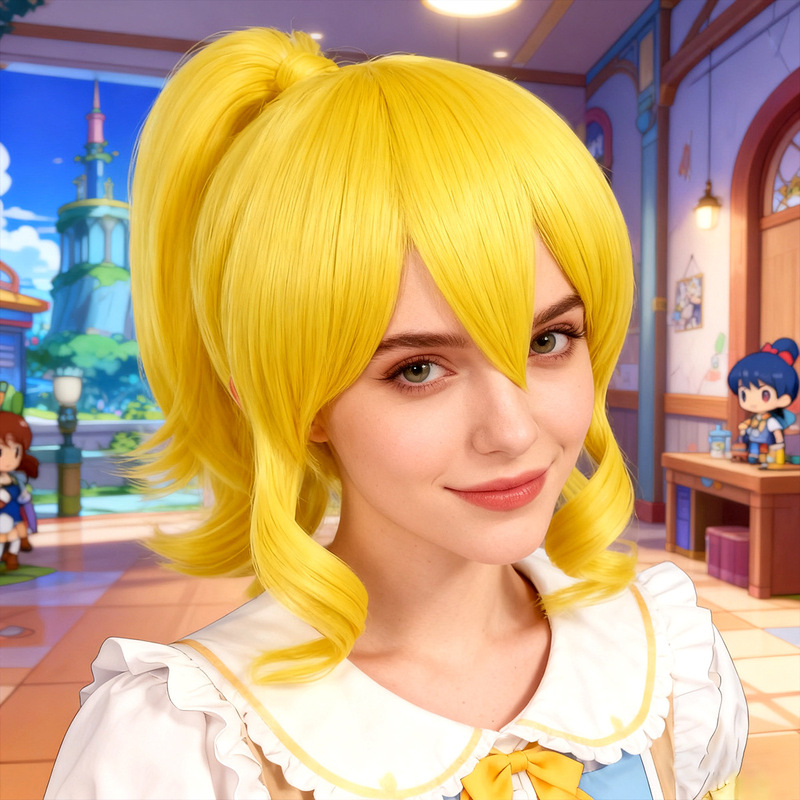 European and American Style Short Anime Cos Wig with Bangs and Curly Hair Party Detachable Golden Ponytail Holiday Headgear