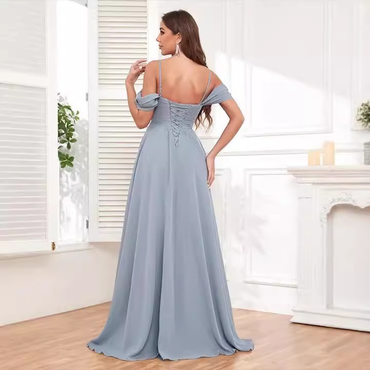 Vestido de noche de un solo hombro sexy europeo y americano, vestido de falda larga de cola de pez de encaje, dama de honor de gasa a nivel de diosa, caída delgada