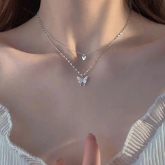 キラキラ蝶二重ネックレス女性式天然幾何型独光身ネックレスネット赤insシンプル鎖骨鎖