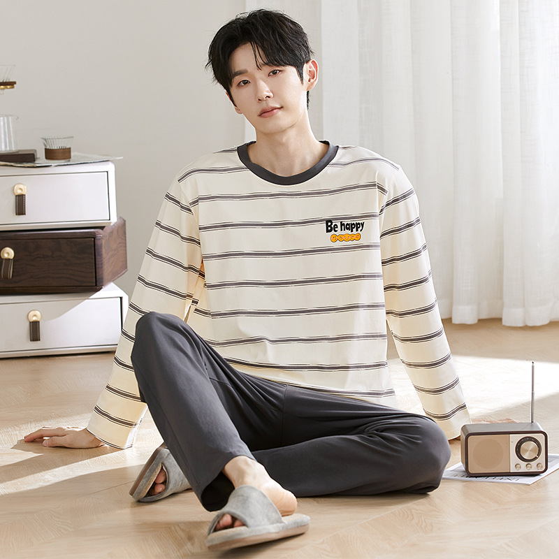 Autumn and Winter New Long-Sleeved Trousers Casual Suit Pure Cotton Men's Pajamas for Young and Middle-Aged People Loose and Simple Can Be Worn Outside Home Clothes