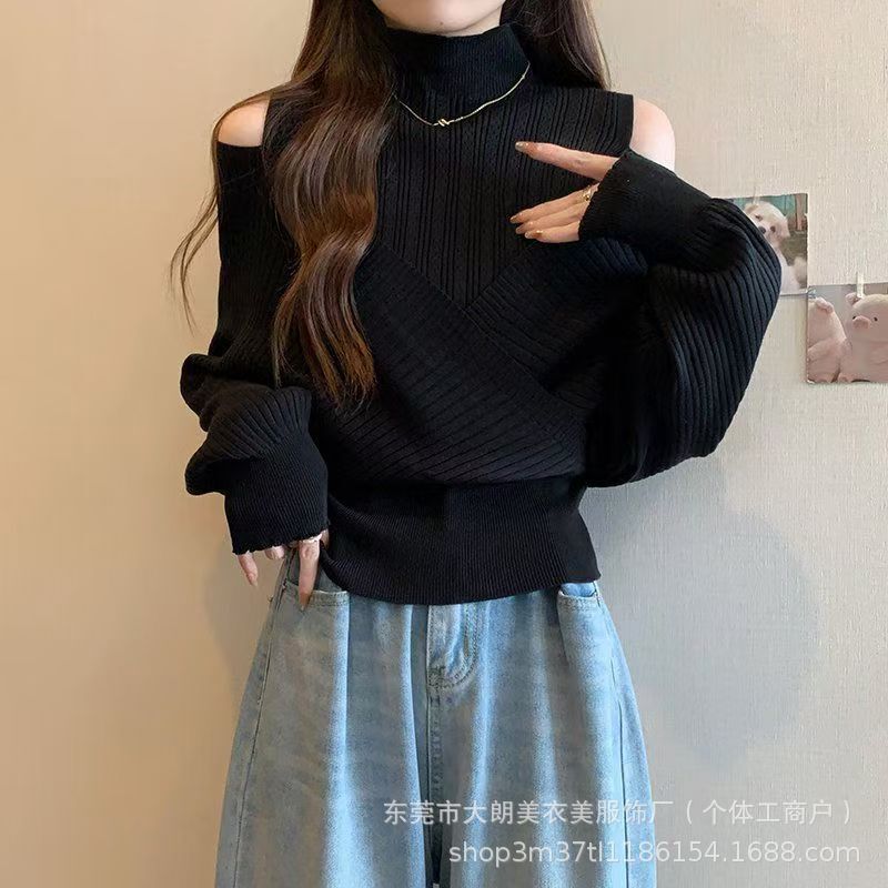 Sexy Stitching Shoulder Long-Sleeved Knitted Sweater Autumn New Inner Half Turtleneck Base-Layer Shirt Slim Look Short Top Sexy Stitching Shoulder Long-Sleeved Knitted Sweater Autumn New Inner Half Turtleneck Base-Layer Shirt Slim Look Short Top