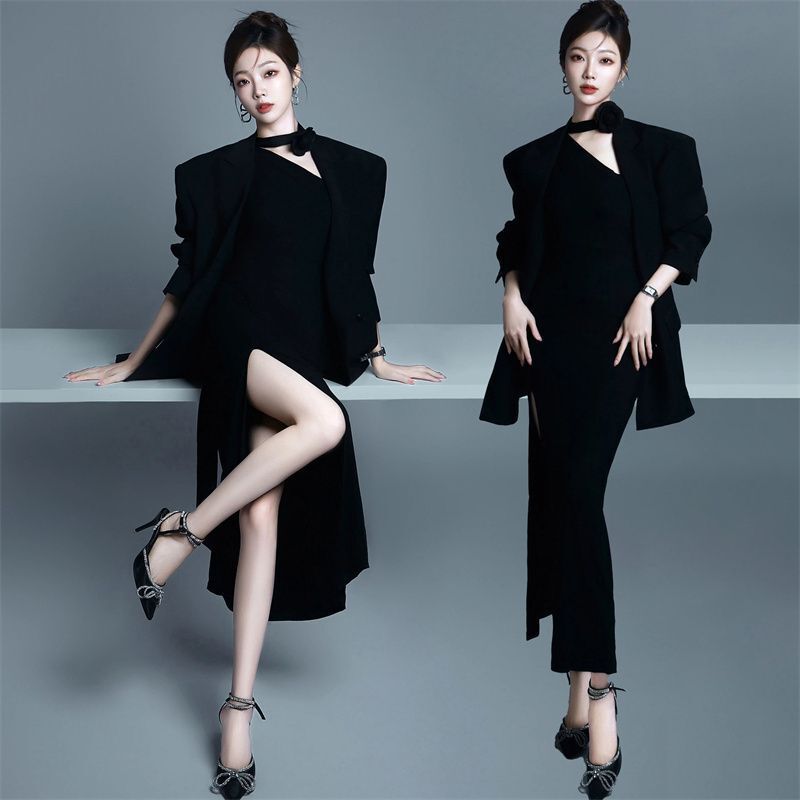 New pregnant women's photography clothing studio photography black sexy velvet split one-piece dress pregnant women's photo clothing