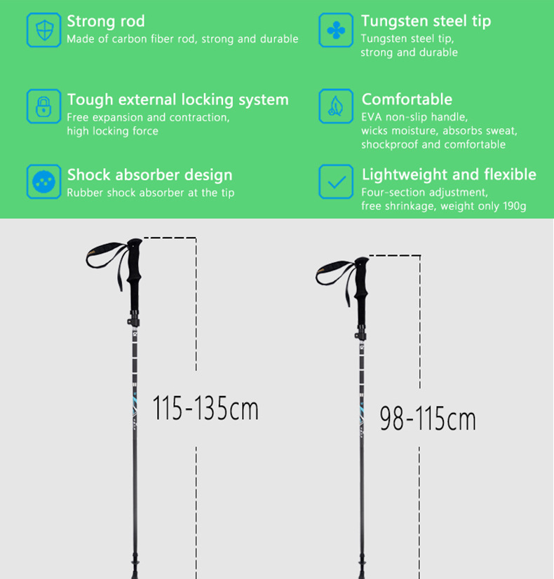 Bâton de trekking télescopique et pliable en 5 sections, en fibre de carbone 3K à tissage uni, pliable, antidérapant et portable._voghion.com