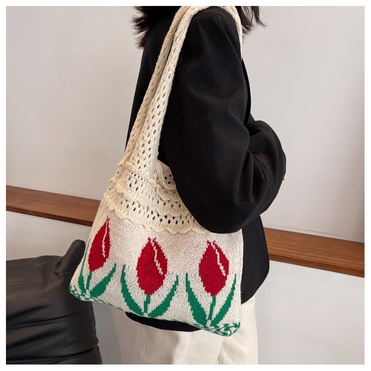 Women's Medium Fabric Flower Vintage Style Vacation Weave Open Handbag display picture 14