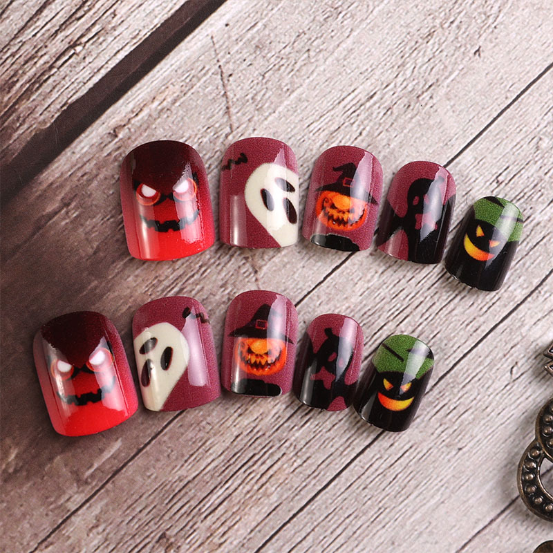 Vestido europeo americano Halloween manicure rojo negro contraste esqueleto cara fantasma cabeza de calabaza diablo manicure