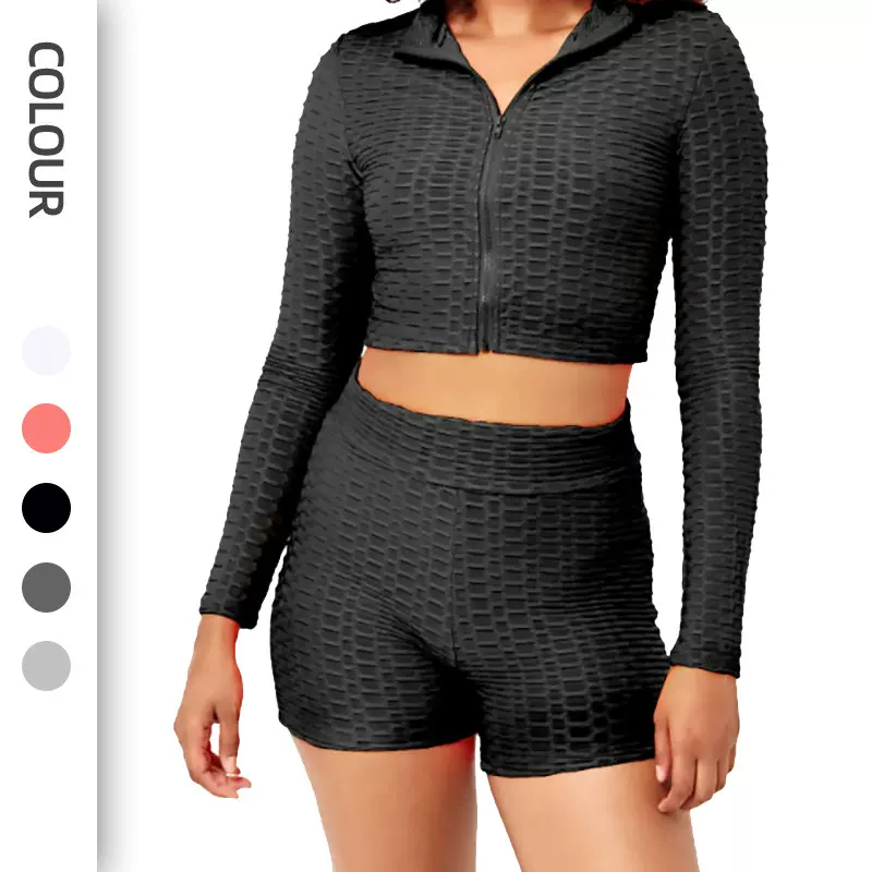 欧美瑜伽服套装女长袖开衫上衣高腰蜜桃健身短裤运动瑜伽套装紧身