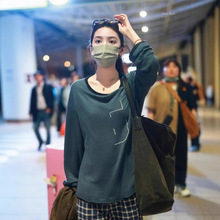 25新款明星同款小众品牌数字5微透圆领拼色长袖T恤女