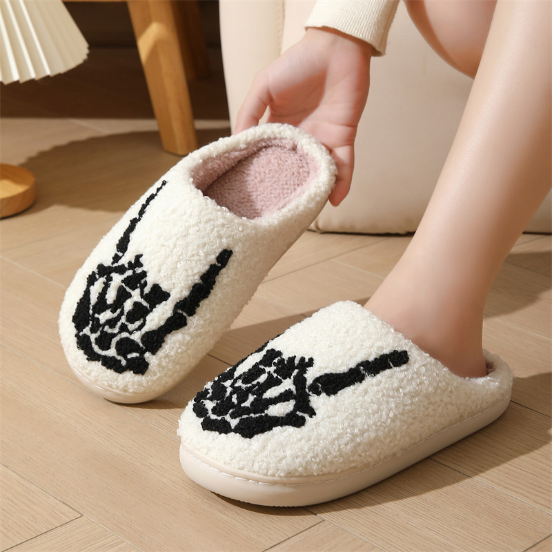 Skull Finger Pattern Skull Embroidery stuffed Home Platform Cozy Wool Cotton Slippers Rock Finger Warm Non-slip Indoor Slippers S044_voghion.com