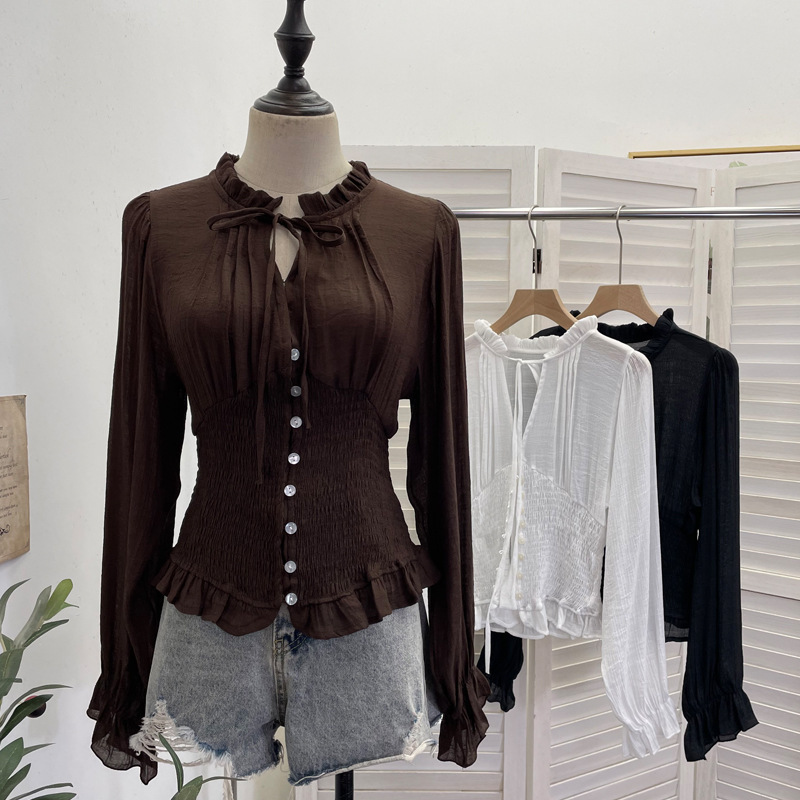 Real shot of vintage textured V-neck tie-waist puff sleeve pleated shirt with single-breasted buttons and slim fit 23775