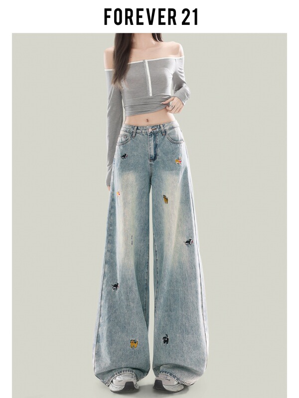 Forever 21 New Women's Wide-Leg Jeans with Puppy Embroidery, American Style Light Blue High-Waisted Slim Straight Pants Forever 21 New Women's Wide-Leg Jeans with Puppy Embroidery, American Style Light Blue High-Waisted Slim Straight Pants
