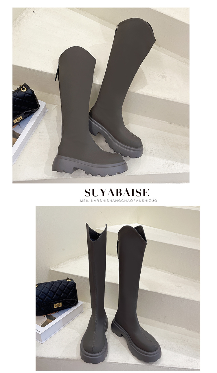 2023 Herbst/Winter Neue vielseitige koreanische Ausgabe Lange Stiefel Damen dicke Absätze schwarze französische Ritterstiefel dicke Sohlen_voghion.com