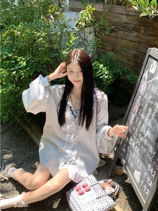港风层叠木耳边领格子衬衫女2025春夏小众设计感独特绝美长袖上衣|undefined