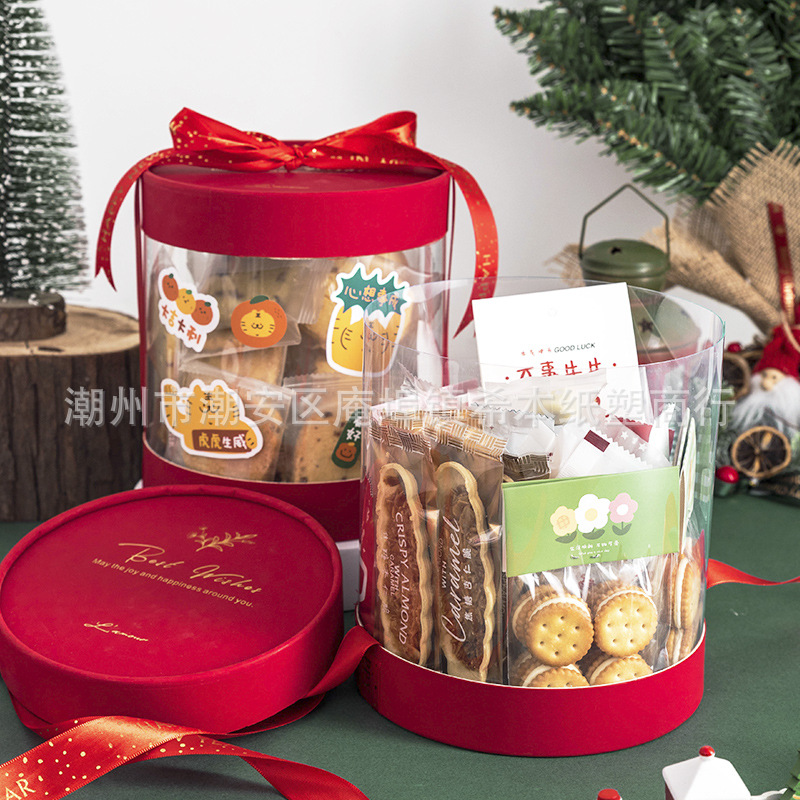 圣诞烘焙点心零食奶枣曲奇饼干diy伴手礼盒 透明红色抱抱桶包装盒