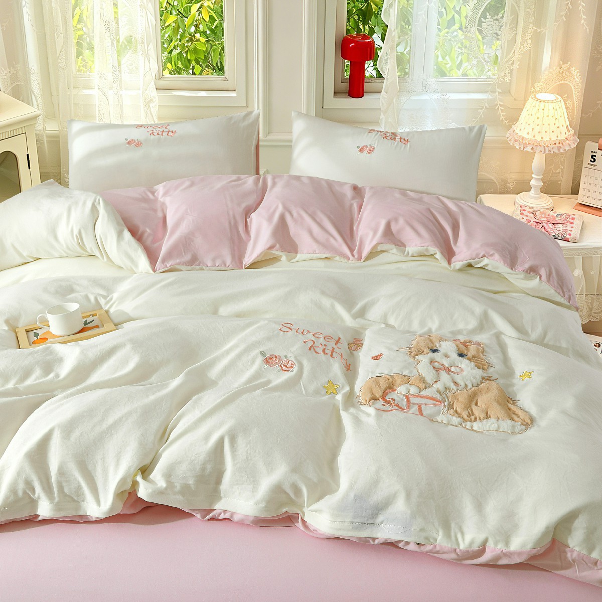 ins cat appliqué embroidery dormitory bedding four-piece set, washable duvet cover, single student dormitory bedding three-piece set