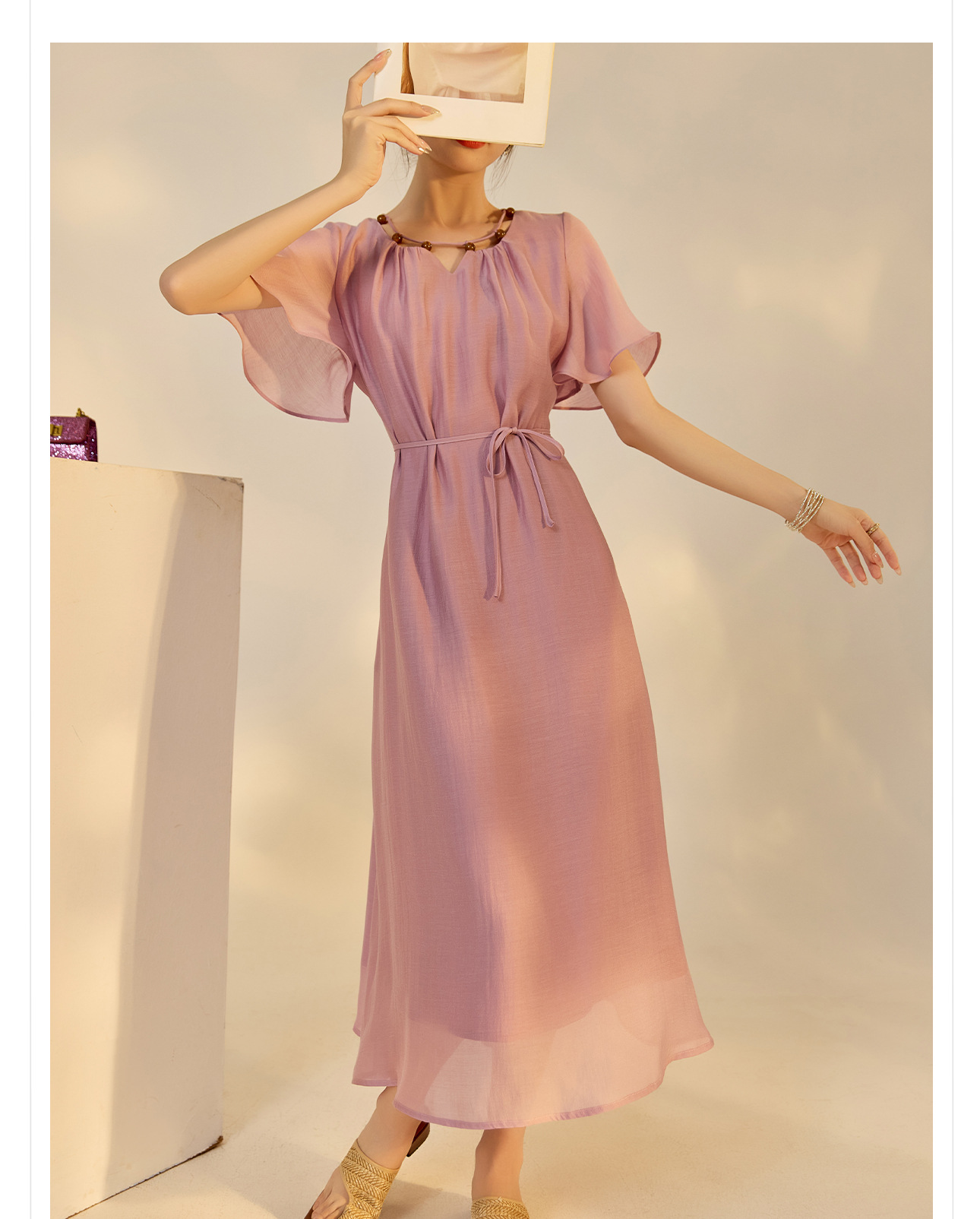 Đầm maxi nữ thắt eo tay lá sen chất Tencel phong cách dân tộc — Taro màu tím chi tiết 14