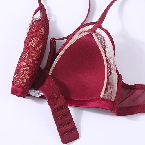 French-style sexy lace red underwear for young girls, false eyelashes, wire-free, thin cotton triangle cups, shaping bra