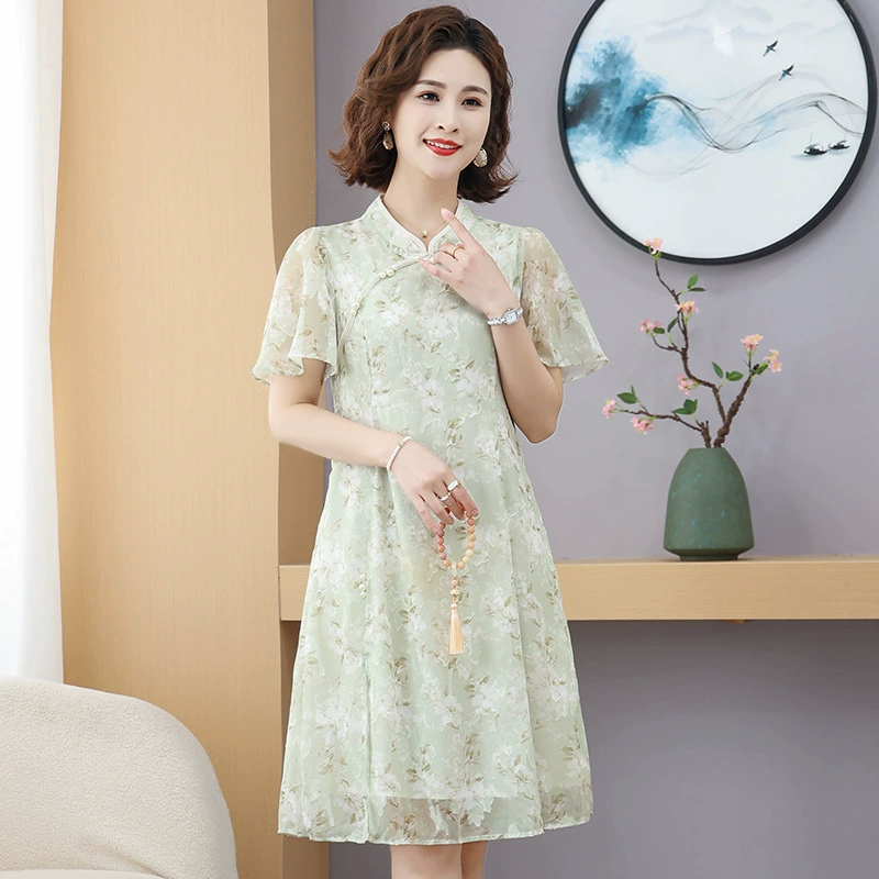 2025 новое летнее платье с принтом, уменьшающее возраст, модная элегантная улучшенная юбка-чонсам с цветочным принтом, китайская юбка